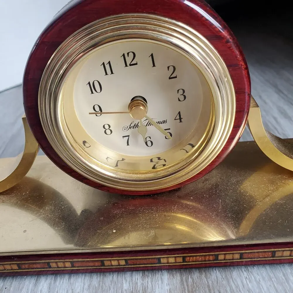 Vintage Seth Thomas Mini Table Clock Mahogany Wood and Brass